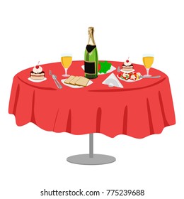 Restaurant or cafe table with bottle of wine, plate of salads and cake
