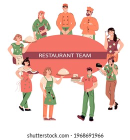 Restaurant or cafe team including kitchen and hosting  staff, flat vector illustration isolated on white background. Characters of restaurant workers waiters and cooks, hostess and delivery services.