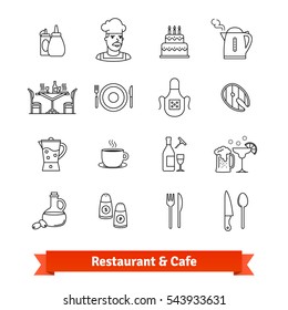 Restaurant & Cafe thin line art icons set. Food cooking, serving dishes, kitchen utensil. Linear style symbols isolated on white.