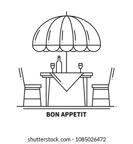 Restaurant Cafe Thin Line Icon. Table and Chair Outside. Bon Appetit. Outdoors. Street Cafe Restaurant Sign. Food Service. Patio Furniture Symbol