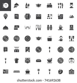 Restaurant cafe vector icons set, modern solid symbol collection, filled pictogram pack. Signs, logo illustration. Set includes icons as as restaurant sign, restaurant location, dishes and food