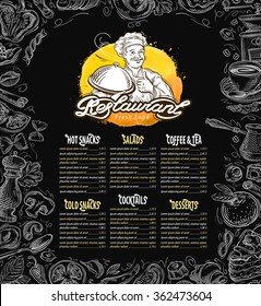 Restaurant, cafe vector menu design template. Cooking or food, drinks icons