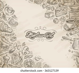 Restaurant, cafe vector menu design template. Hand-drawn food and drinks
