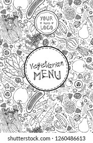 Restaurant Cafe Vegan Menu Cover Template of Vegetarian Healthy Food. EPS10 Vector. Hand Drawn Doodle Style Realistic Illustration.