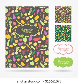 Restaurant cafe vegetarian menu, template design. Food flyer. Vegetables and fruits, logo and frames. Seamless pattern, hand drawn background