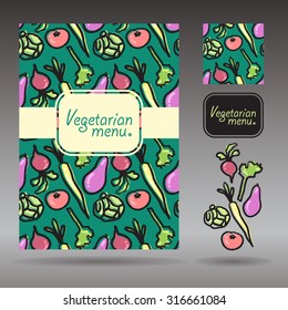 Restaurant cafe vegetarian menu, template design. Food flyer. Vegetables, logo and frames. Seamless pattern, hand drawn background
