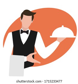  Restaurant cafe waiter in orang background. Color vector illustration 