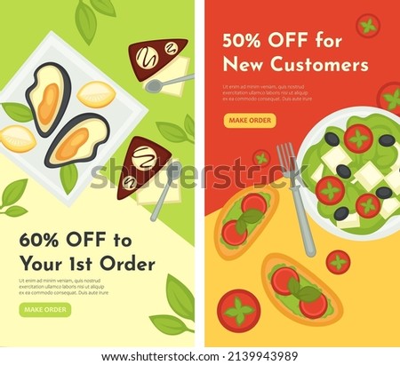 Restaurant or cafe website with information of dishes and discounted price. Sale and offers for special clients and customers. Oyster and greek salad with leaves and tomatoes. Vector in flat style