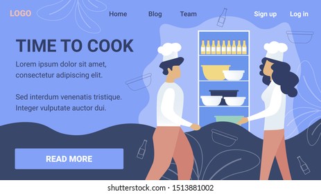 Restaurant, Cafeteria or Cooking Online Courses Flat Vector Web Banner or Landing Page Template with Male, Female Chefs in White Uniform, Working on Kitchen, Rack with Dishware on Shelves Illustration