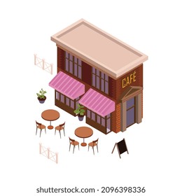 Composición isométrica del restaurante y la cafetería con imagen aislada del edificio de cafés con asientos exteriores ilustración vectorial