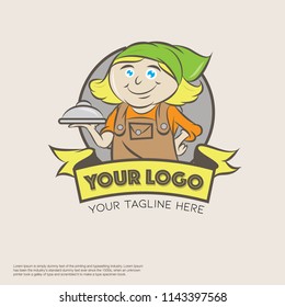Restaurant and Caffe logo with blonde woman cartoon character vector illustration. 