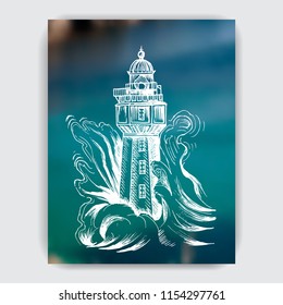 Restaurant card menu. Vector sketch of a seascape with a lighthouse.