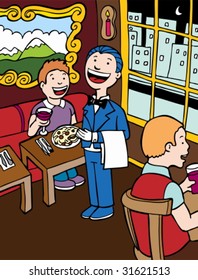 Restaurant Cartoon : Waiter and customers at a elegant restaurant.
