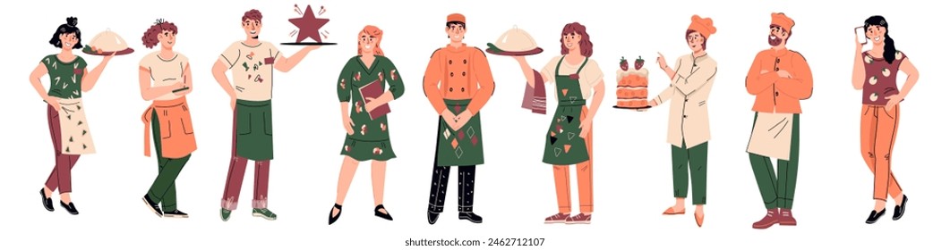 Equipo de servicio de restaurante y catering de chefs y camareros, gerentes, Ilustración vectorial plana aislada sobre fondo blanco. Personajes del personal del restaurante de pie en fila.