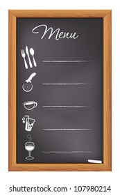 Restaurant chalkboard menu, written in white chalk, illustration.