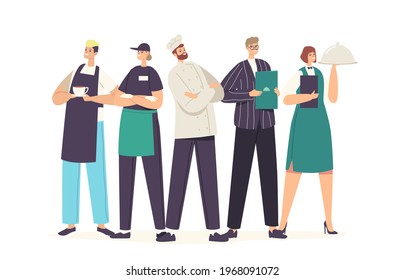 Restaurant Characters Team in Uniform Demonstrating Menu. Staff of Cafe, Pizzeria, Bakery Shop or Cafeteria, Hospitality, Men and Women Waiters, Chef, Administrator. Cartoon People Vector Illustration