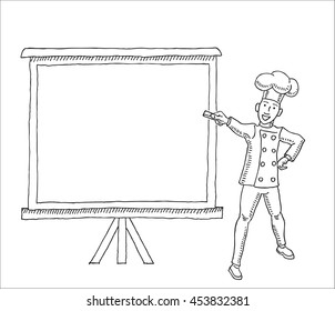 restaurant chef or assistant with blackboard menu and chalk, for high cuisine on-line courses  design