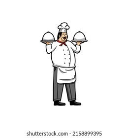 restaurant chef brings dishes to customers with happy feelings that can be seen on his facial expressions.restaurant chef,vector,illustration,design,mascot,logo design