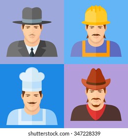 Restaurant chef, builder or worker, gangster and cowboy characters. Male faces flat icons.