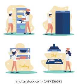 Restaurant Chef Cocking on Kitchen Flat Vector Concepts Set Isolated on White. Female Chef, Cook or Kitchener Preparing Food, Taking Dish Ingredients from Shelf or Fridge, Cooking Pizza Illustration
