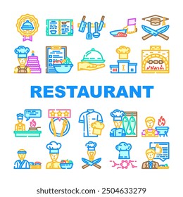 Iconos de comida del cocinero del cocinero del restaurante Vector del cocinero, profesional gourmet, mano del hotel, cocina de la comida, trabajo del plato, salsa de la cacerola Ilustraciones de línea del color de la comida del cocinero del restaurante