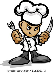 Restaurant Chef or Cook Mascot with Determined Face Wearing Chefs Hat and Holding Cooking Utensils Cartoon Vector Image