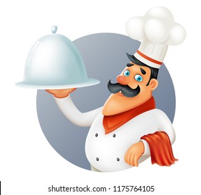 Restaurant chef cook serving food cartoon 3d mascot character design vector illustrator