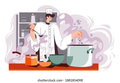 Restaurant chef cooking food for clients and customers. Diner or bistro kitchen, man preparing meals using kitchenware. Preparation of dishes, tasting hot soup from pan. Vector in flat style