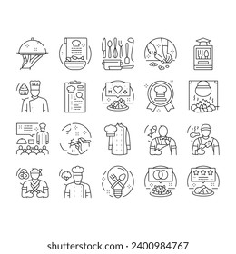 restaurant chef cooking food icons set vector. kitchen cook, man uniform, hotel professional, dish commercial, male gourmet restaurant chef cooking food black contour illustrations