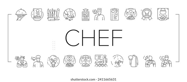 restaurant chef cooking food icons set vector. kitchen cook, man uniform, hotel professional, dish commercial, male gourmet restaurant chef cooking food black line illustrations