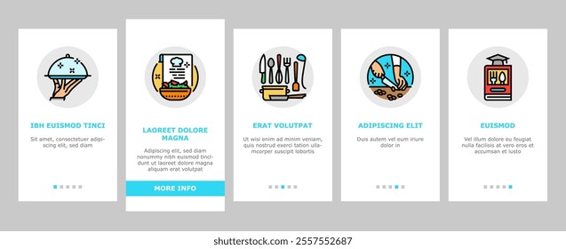 restaurant chef cooking food onboarding mobile vector kitchen cook, man uniform, hotel professional, dish commercial, male gourmet restaurant chef cooking food illustrations