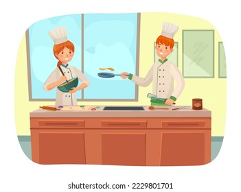 Cocina del chef en el desayuno de la cocina para los clientes. Vector de cocina de restaurante, cena de cocina, comida y comida del chef de café