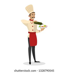 Restaurant chef cooking. Man in apron making tasty salad. Professional worker on the kitchen. Isolated vector illustration in cartoon style