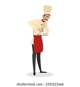 Restaurant chef cooking. Man in apron making tasty dish. Professional worker on the kitchen. Isolated vector illustration in cartoon style