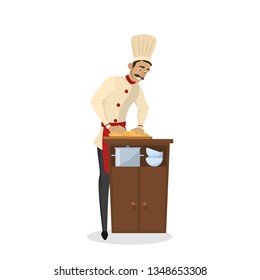 Restaurant chef cooking. Man in apron making tasty dish. Professional worker on the kitchen. Isolated vector illustration in cartoon style