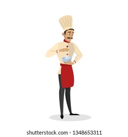 Restaurant chef cooking. Man in apron making tasty dish. Professional worker on the kitchen. Isolated vector illustration in cartoon style