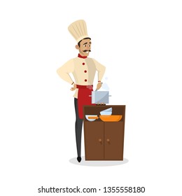 Restaurant chef cooking. Man in apron making tasty dish. Professional worker on the kitchen. Isolated vector illustration in cartoon style