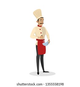 Restaurant chef cooking. Man in apron making tasty dish. Professional worker on the kitchen. Isolated vector illustration in cartoon style