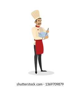 Restaurant chef cooking. Man in apron making tasty dish. Professional worker on the kitchen. Isolated vector illustration in cartoon style