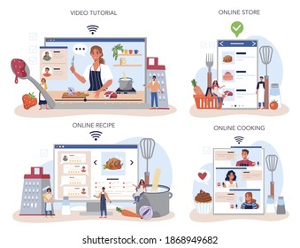 Restaurant chef cooking online service or platform set. Collection of people in apron making tasty dish. Professional worker. Online cooking, store, recipe, video tutorial. Vector illustration