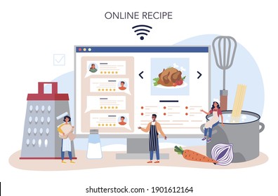 Restaurant chef cooking online service or platform. Collection of people in apron making tasty dish. Professional worker. Online recipe. Vector illustration