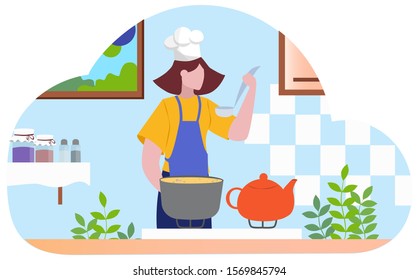 Restaurant chef cooking. People in apron making tasty dish. Professional worker on the kitchen. Food show. Isolated vector illustration in cartoon style