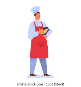 Restaurant chef cooking. Person in apron making tasty dish. Professional worker on the kitchen. Isolated vector illustration in cartoon style