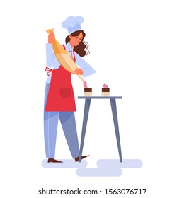 Restaurant chef cooking. Person in apron making tasty dish. Professional worker on the kitchen. Pastry chef. Isolated vector illustration in cartoon style