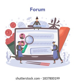 Restaurant chef cooking rolls and sushi online service or platform. Sushi chef in apron with cooking tool. Online forum. Isolated vector illustration