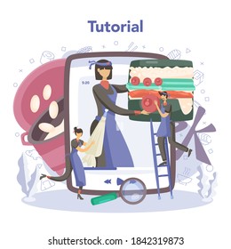 Restaurant chef cooking rolls and sushi online service or platform. Sushi chef in apron with cooking tool. Online tutorial. Isolated vector illustration