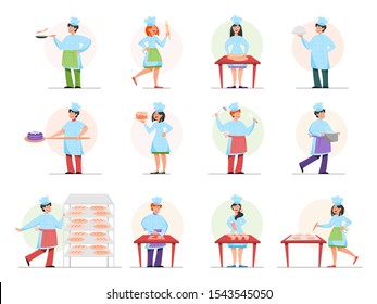 Restaurant chef cooking set. Collection of people in apron making tasty dish. Professional worker on the kitchen. Isolated vector illustration in cartoon style