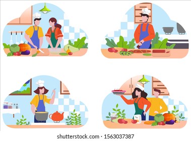 Restaurant chef cooking set. Collection of people in apron making tasty dish. Professional worker on the kitchen. Food show. Isolated vector illustration in cartoon style