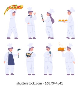 Restaurant chef cooking set. Collection of people in apron with tasty dish or cooking tool. Professional worker on the kitchen. Isolated vector illustration in cartoon style