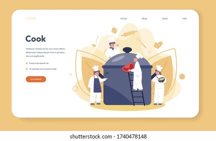 Restaurant chef cooking web banner or landing page. Collection of people in apron making tasty dish. Professional worker on the kitchen. Food maker. Isolated vector illustration in cartoon style